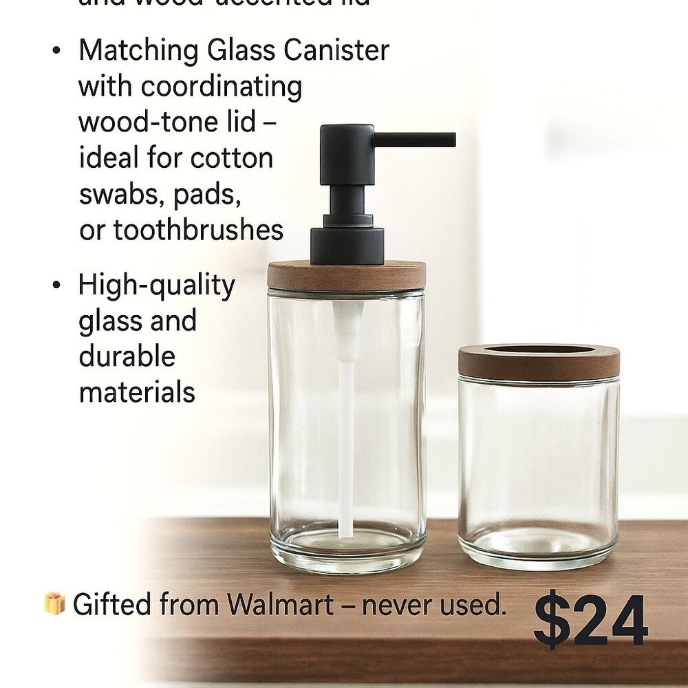 Modern Glass & Wood Bathroom Dispenser Set